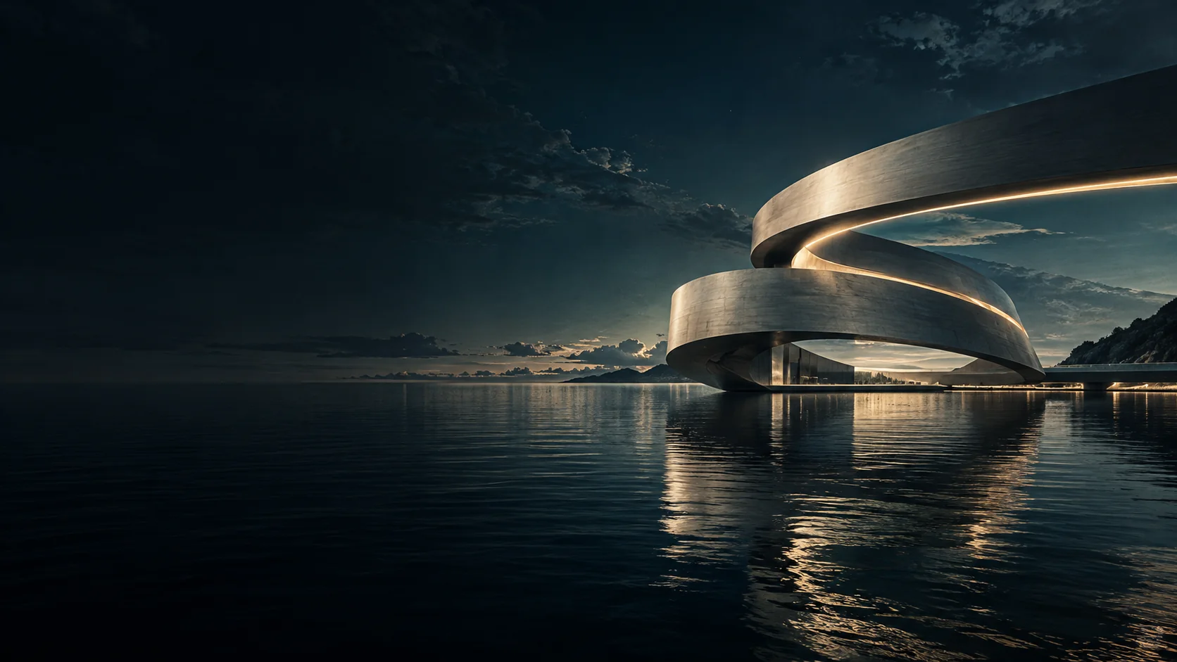 Sculptural titanium harbor pavilion above a calm midnight ocean